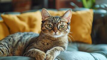 A cat wearing glasses on a couch photo