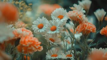 Flowers in a field with orange and white flowers photo