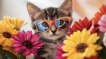 A kitten wearing sunglasses and surrounded by flowers photo