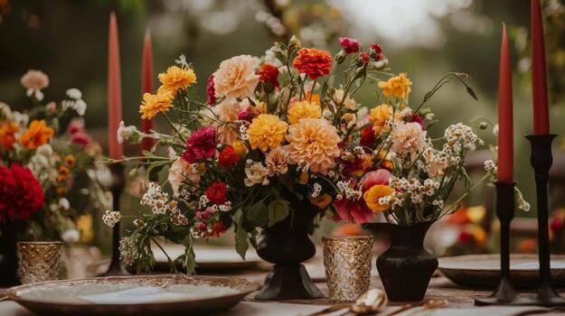 A table with flowers and candles on it photo