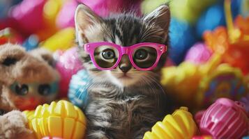 A kitten wearing sunglasses in a pile of colorful toys photo