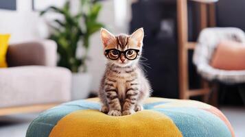 A cat wearing glasses sits on a bean bag photo