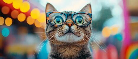 A cat wearing glasses and looking up at the camera photo
