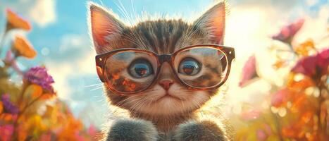 A cat wearing glasses in a field of flowers photo