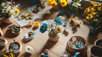A table with flowers and other items on it photo