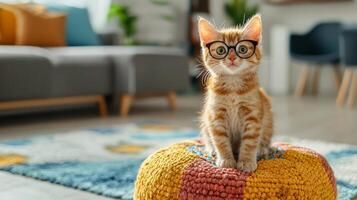 A cat wearing glasses sits on a colorful cushion photo