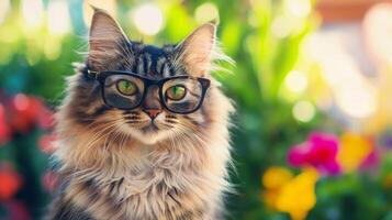 A cat wearing glasses in front of flowers photo