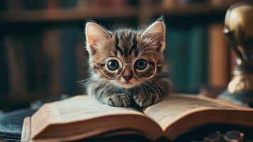 A kitten wearing glasses is sitting on top of an open book photo