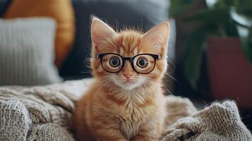 An orange cat wearing glasses sitting on a couch photo