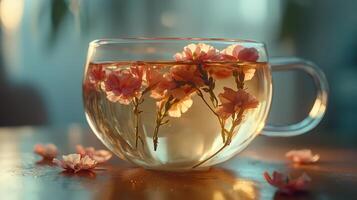 A cup of tea with pink flowers in it photo