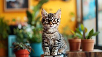A cat wearing glasses sits on a table photo