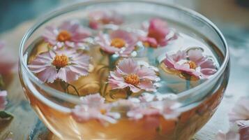 Cosmos flowers in a glass of water photo