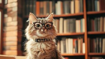 A cat wearing glasses sitting on a couch photo