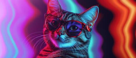 A cat wearing sunglasses and a colorful background photo