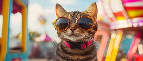 A cat wearing sunglasses in front of a carnival photo