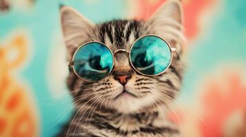 A cat wearing sunglasses on a colorful background photo