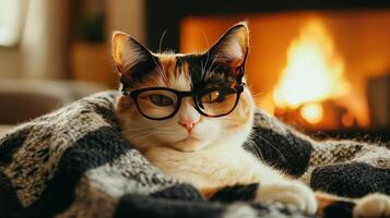 A calico cat wearing glasses and a blanket photo