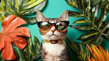 A cat wearing sunglasses and surrounded by tropical plants photo