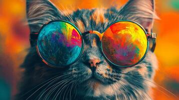 A cat wearing colorful sunglasses photo