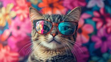 A cat wearing sunglasses on a colorful background photo