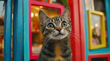 A cat is looking up at the camera in front of colorful windows photo