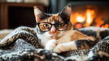 A calico cat wearing glasses and sitting on a blanket photo