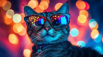 A cat wearing sunglasses in front of a colorful background photo