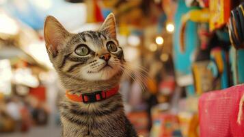 A cat with a red collar looking up at something photo