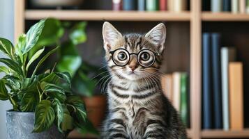 A cat wearing glasses sits in front of a bookcase photo