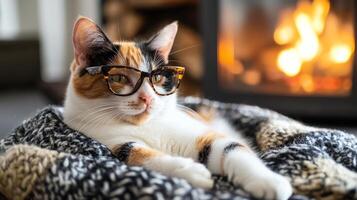 A calico cat wearing glasses and sitting on a blanket photo