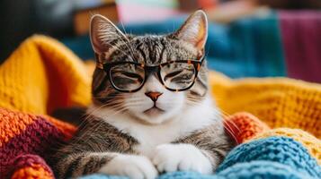 A cat wearing glasses and sitting on a blanket photo