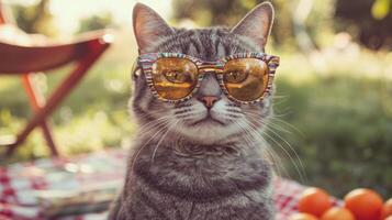 A cat wearing sunglasses in the grass photo