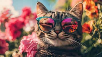 A cat wearing sunglasses in a field of flowers photo