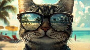 A cat wearing sunglasses on the beach photo