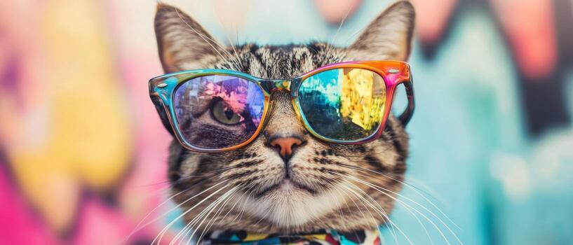 A cat wearing colorful sunglasses photo