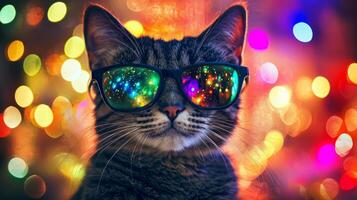A cat wearing sunglasses in front of a colorful background photo