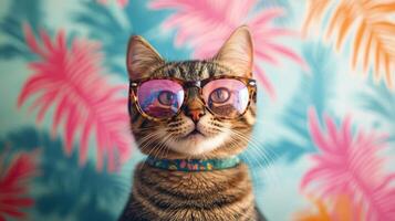 A cat wearing sunglasses on a tropical background photo