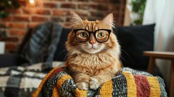 An orange cat wearing glasses on a couch photo