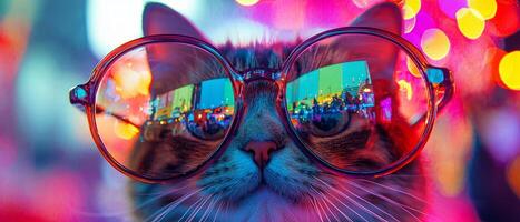 A cat wearing glasses with colorful lights photo