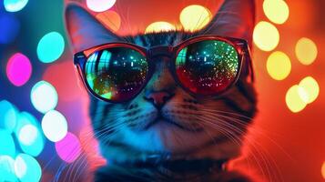 A cat wearing sunglasses in front of colorful lights photo