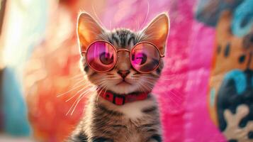 A cat wearing sunglasses in front of a colorful wall photo