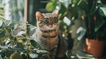 A cat wearing sunglasses sitting on a table near plants photo
