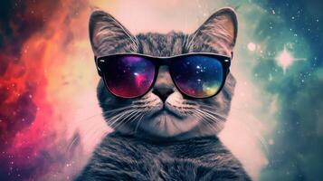 A cat wearing sunglasses in front of a galaxy background photo
