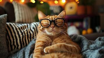 A cat wearing glasses and sitting on a couch photo