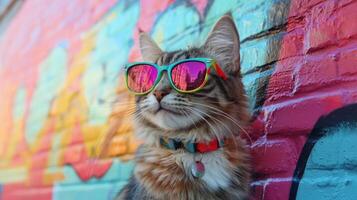 A cat wearing sunglasses in front of a graffiti wall photo