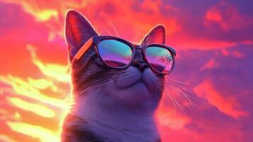 A cat wearing sunglasses in front of a sunset photo