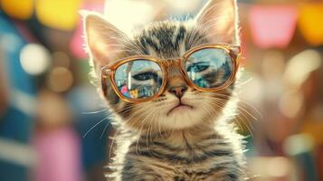 A cat wearing sunglasses in front of a crowd photo