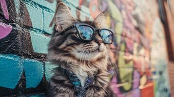 A cat wearing sunglasses against a wall photo