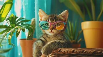 A cat wearing sunglasses sitting on a wicker basket photo