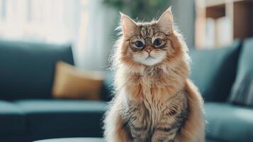 A cat sitting on a table with a blue couch in the background photo